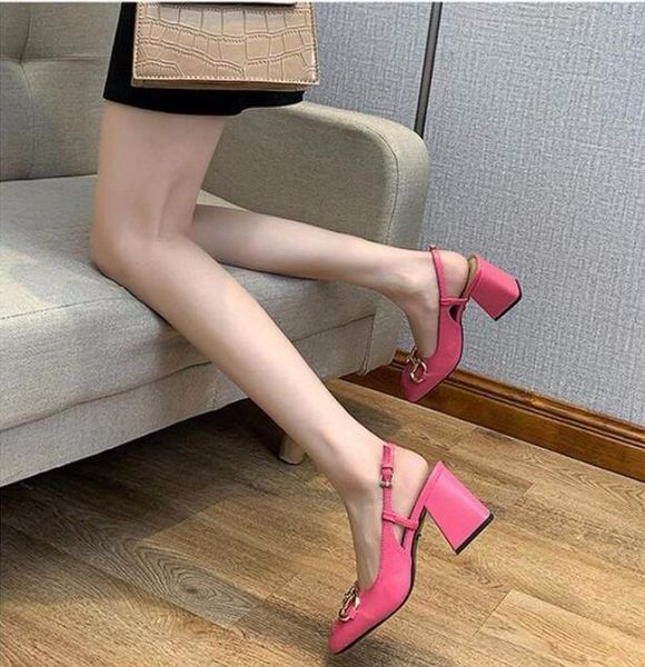 

women's sandals shoes fashion one-word buckle high heels square toe thick heel single height dress, Black