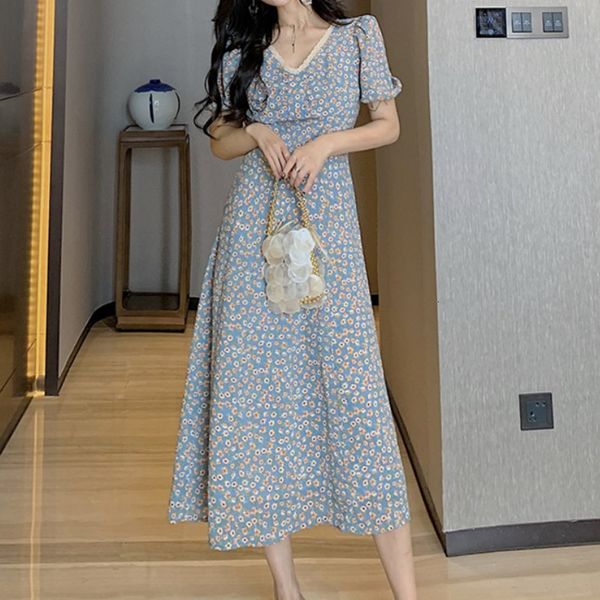 

casual dresses 2021 summer vintage floral print party long women fashion slim elegant chiffon short sleeve beach boho es vestidos, Black;gray