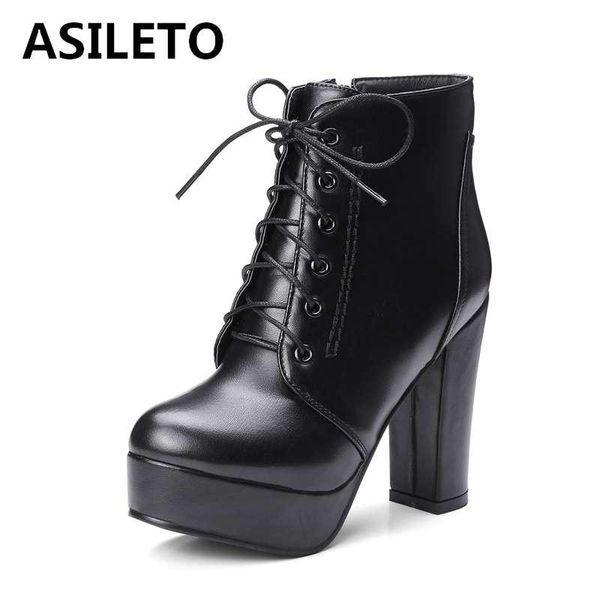 

boots asileto 2021 winter for women lace up rpund toe platform motocross gothic riding anklel booties botas bottes party, Black