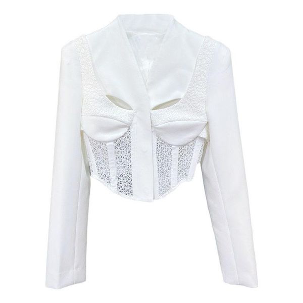 

women's suits & blazers [ewq] fashion chic lace spliced hollow out expose waist short women autumn 2021 slim v-neck suit jacket tide 16, White;black