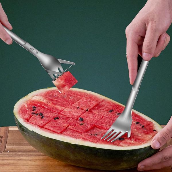 

forks stainless steel watermelon fork slicer multifunction 2 in 1 cutter fruit cutting spoon tableware kitchen accessories
