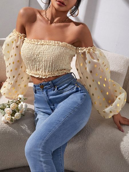 

off the shoulder frill trim shirred x5gv#, White