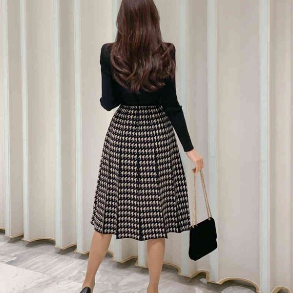 

casual dresses winter women's korean style knit fashion turtlenck sweater spliced plaid high waist a-line vestidos knee length un3, Black;gray