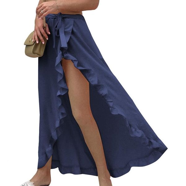 

skirts women's ruffled lace-up skirt high waist slit holiday beach, Black
