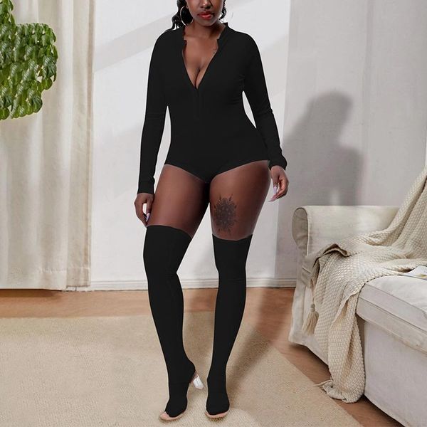 

women's tracksuits women wrapped romper long sleeve lapel zipper solid color casual street party bodysuit + knee socks, Gray