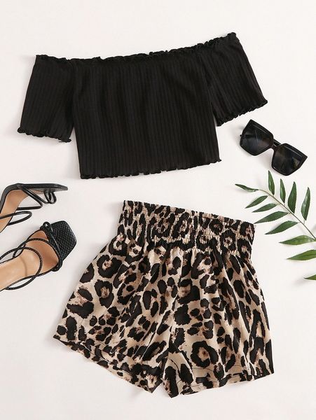 

off shoulder lettuce trim crop & shirred waist leopard shorts set 52c3#, White