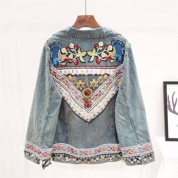 

women's jackets ethnic style jean coat embroidery flower beautiful patterns fall tassels sequined stylish denim jacket women, Black;brown