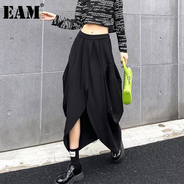 

skirts [eam] high elastic waist black big size pleated irregular half-body skirt women fashion tide spring summer 2021 1dd6556