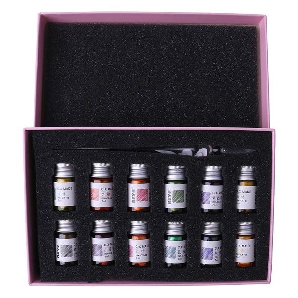 

13pcs/set cherry blossom rain bottled dip glass pen ink with fountain writing signature art supplies refills, Black;red