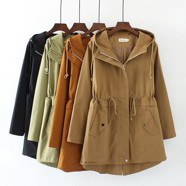 

women's trench coats 2021 fashion plus size xl-4xl hooded coat women long sleeve cotton windbreaker female loose casual outerwear g337, Tan;black