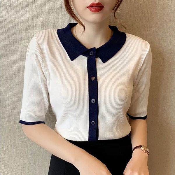 

women's t-shirt korean fashion slim knitted cardigan female summer patchwork short knitwear casual elastic clothing for women, White