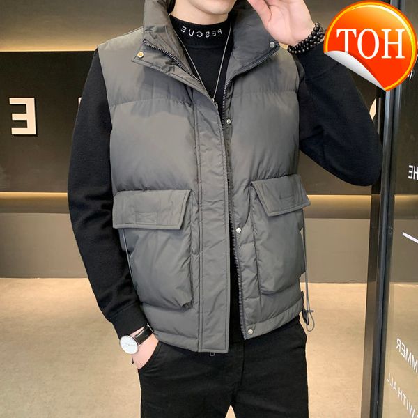 

mens clothing short stand collar down solid color sleeveless vest jacket men's bread coat winter warm tidal current college best, Black