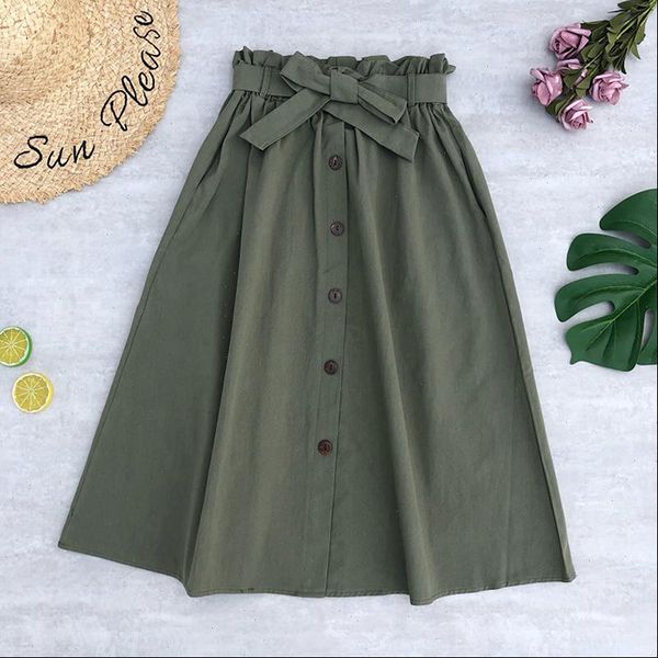 

autumn elegant elastic waist women skirt buttons bow stretched with pocket solid color, Black