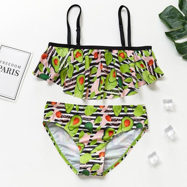 

girls clothes split bikini swimsuit striped print children's ruffled girl bathing suit beachwear clothing sets one-pieces, Black