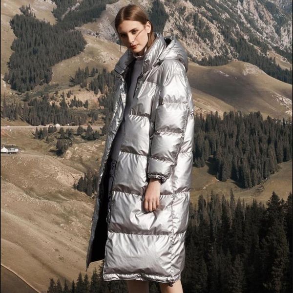 

women's down & parkas winter glossy bright silver thicker warm duck coats female oversize over the knee long hooded jackets coat1, Black