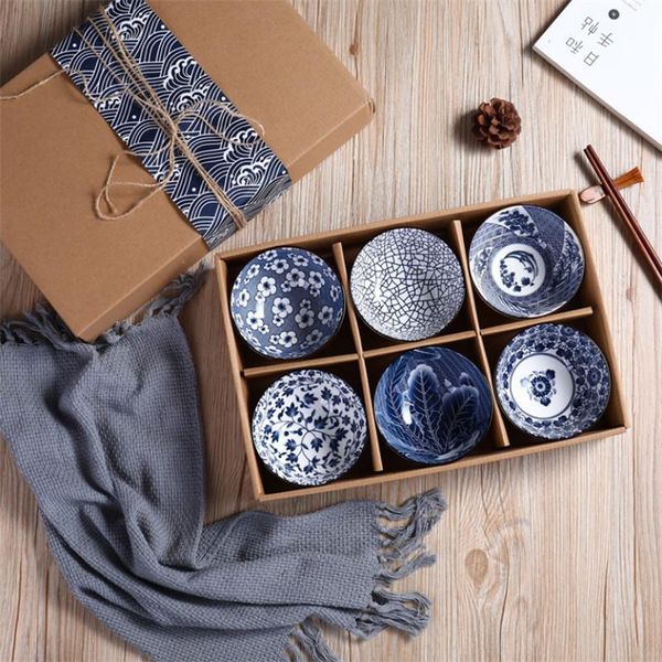 

japanese ceramic rice noodle bowl kitchen blue and white porcelain cherry blossom dessert high-end tableware set gifts bowls