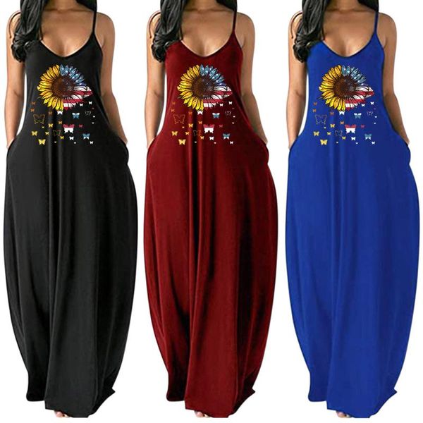 

women's long maxi dress sleeveless summer party cami with pockets fashion women casual suspender beach dresses, Black;gray