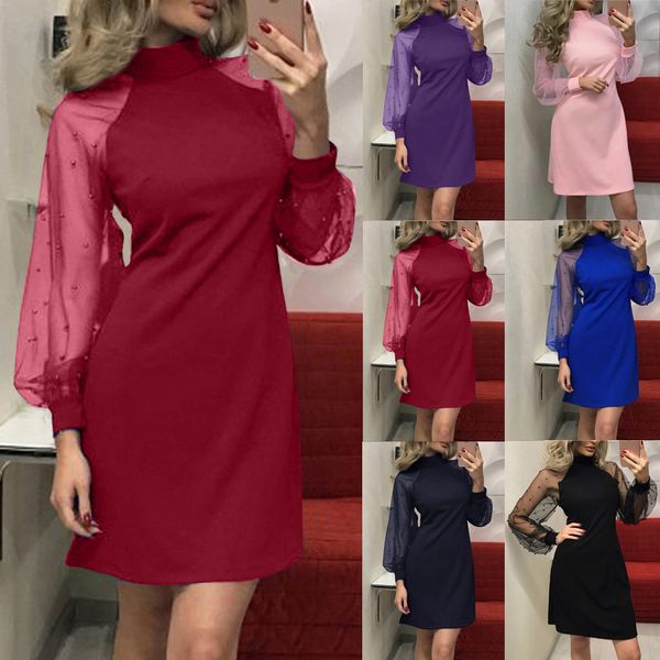 

fashionable short skirt new mesh pearl long sleeve slim, Black