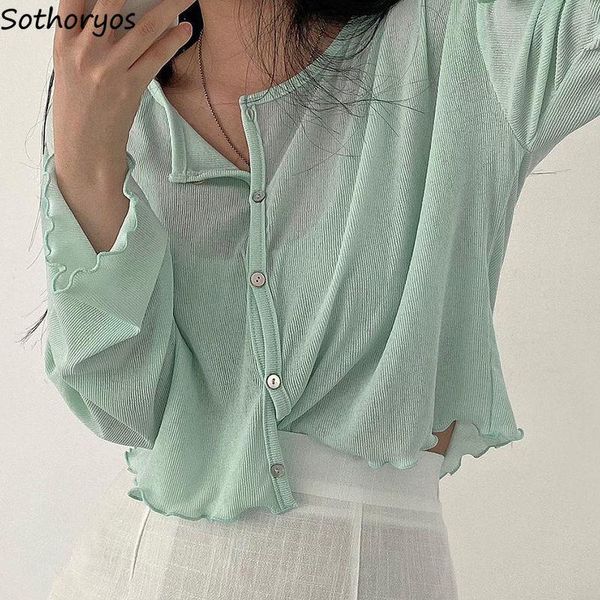 

women's knits & tees women cardigan loose solid long sleeve o-neck crop summer thin sun-proof outwear all-match simple korean style ru, White