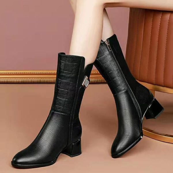 

boots but knee mid-tube leather thick heel 2022 autumn and winter mid-heeled long tube high-heeled women, Black