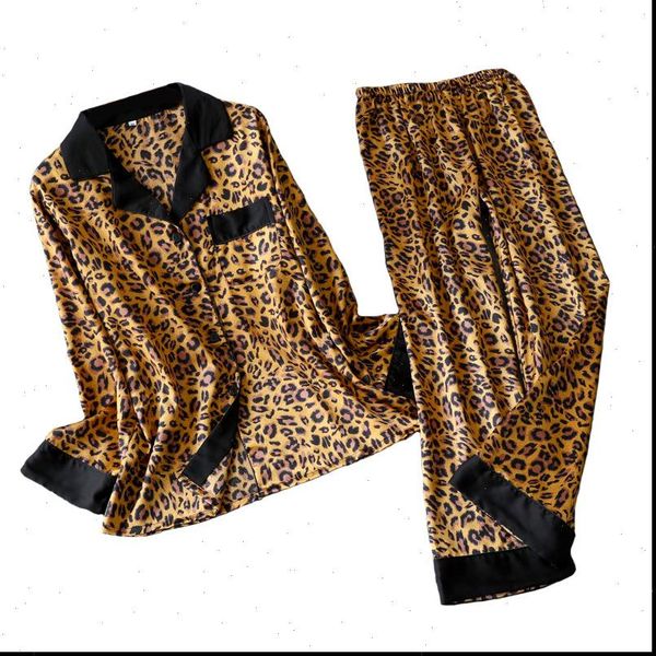 

leopard pyjamas stripe satin pajamas womens sleepwears sets spring long sleeve 2 pcs suit casual silk home clothing sleepwear, Black;red