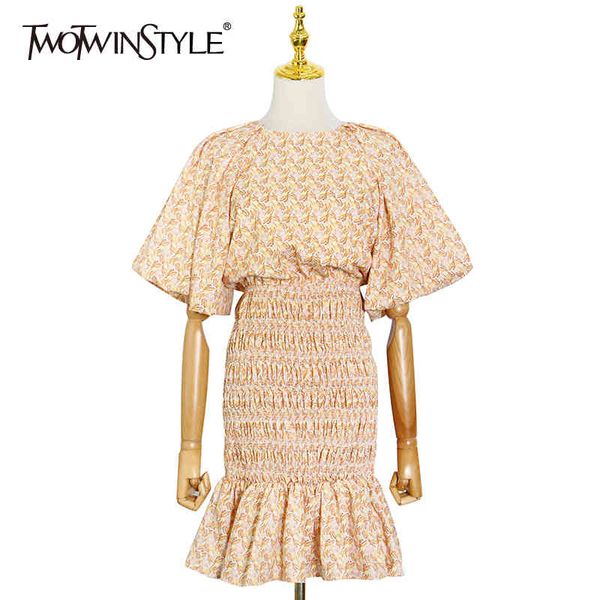 

hollow out print dress for women o neck puff sleeve high waist vintage dresses female fashion new clothing summer 210428, Black;gray