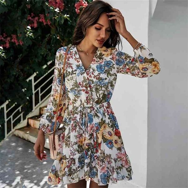 

women floral printed dress spring summer v-neck long sleeve chiffon a-line casual slim female mini holidays dress 210524, Black;gray