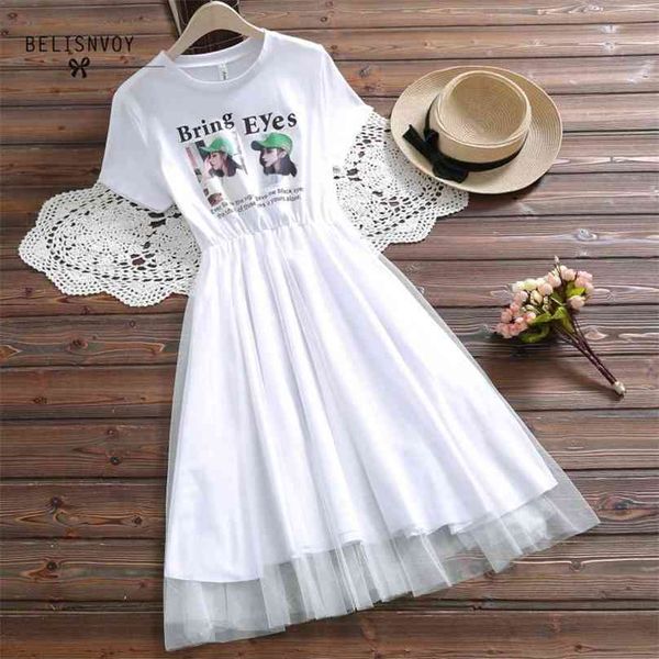 

korean style summer dresses for party elegant women midi vestidos fashion character letter printed mesh patchwork 210520, Black;gray