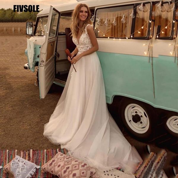 

other wedding dresses fivsole boho dress 2021 v neck a line lace appliques beach vintage bridal gowns custom bohemian plus size, White