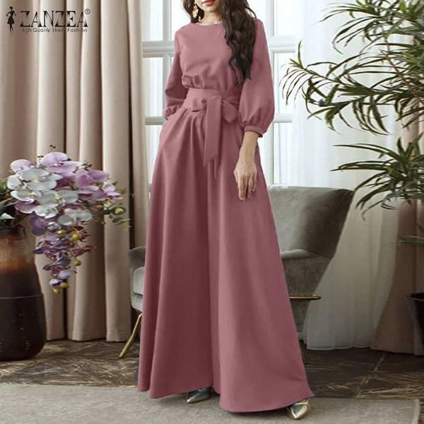 

elegant solid maxi dress women's spring sundress puff sleeve vestidos belt female casual o neck robe plus size dresses, Black;gray