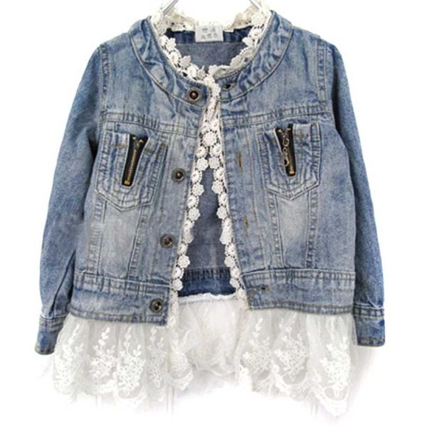 Kızlar Jean Ceketler Çocuklar Dantel Ceket Uzun Kollu Düğme Denim 2-7Y Yün Moda Patchwork 211011