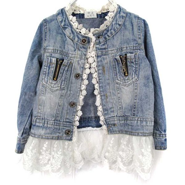 Meninas Jean Jaquetas Kids Lace Casaco de Manga Longa Botão Denim para 2-7y Patchwork de moda de lã 211011