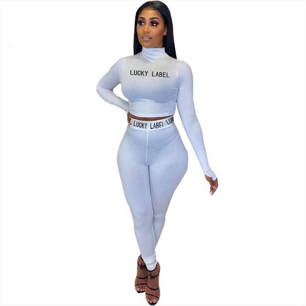 

causal two piece set womens pants letter print full sleeve crop long sportsuit tracksuit outfit, White