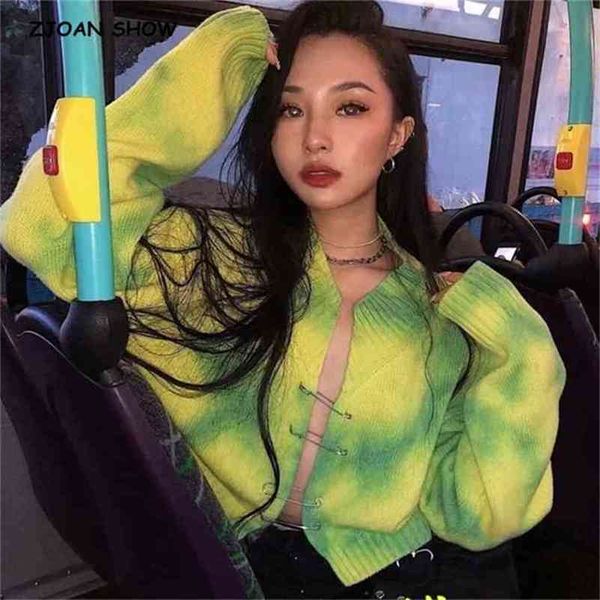 Stile Corea Vintage Giallo Tie dye Big pin Cardigan Maglione Sexy scollo a V Manica lunga Sciolto Maglione corto Coll ragazza Streetwear 210429