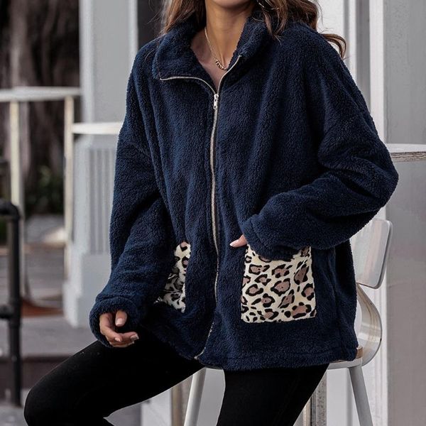 

winter fleece coat fashion leopard patchwork fluffy thick warm zipper jacket women sherpa #g30 women's wool & blends, Black