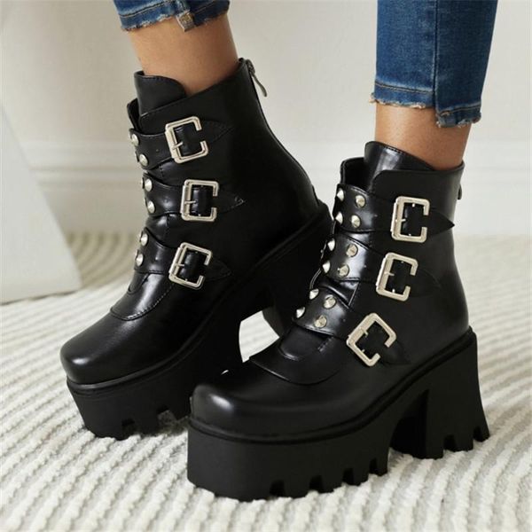 

boots pxelena large size 35-45 rivet buckle cosplay motorcycle platform women punk rock gothic combat shoes chunky high heels, Black