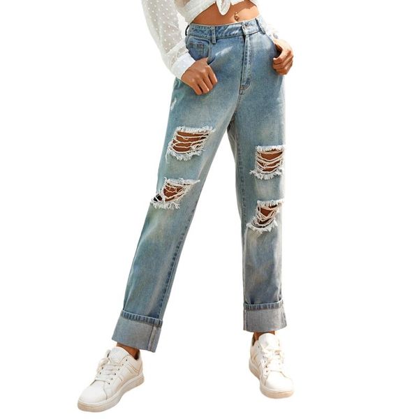 

ripped jeans women high waist washed vintage cotton button straight type 2021 autumn fashion lugentolo women's, Blue