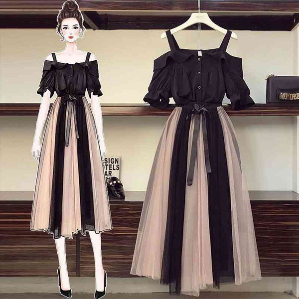 

plus size women off shoulder solid shirts long mesh skirts fashion sets summer casual ruffles slash neck female suits h83, Gray