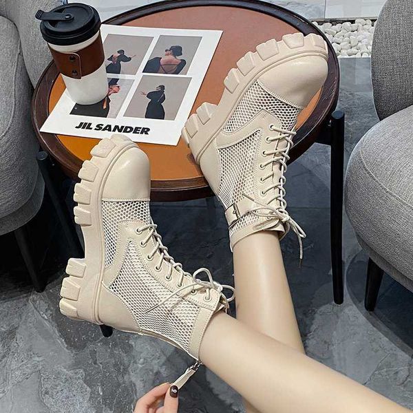 

aphixta 6cm thick sole summer breathable platform boots women buckle big size 43 lace-up waterproof height increasing y0910, Black