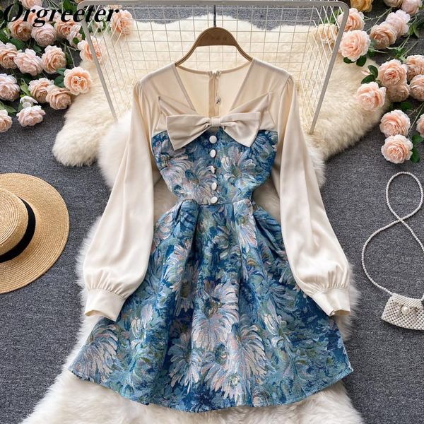 

casual dresses elegant retro oil painting printing jacquard party mini women sweet bowknot korean fashion long sleeve ball gown dress, Black;gray
