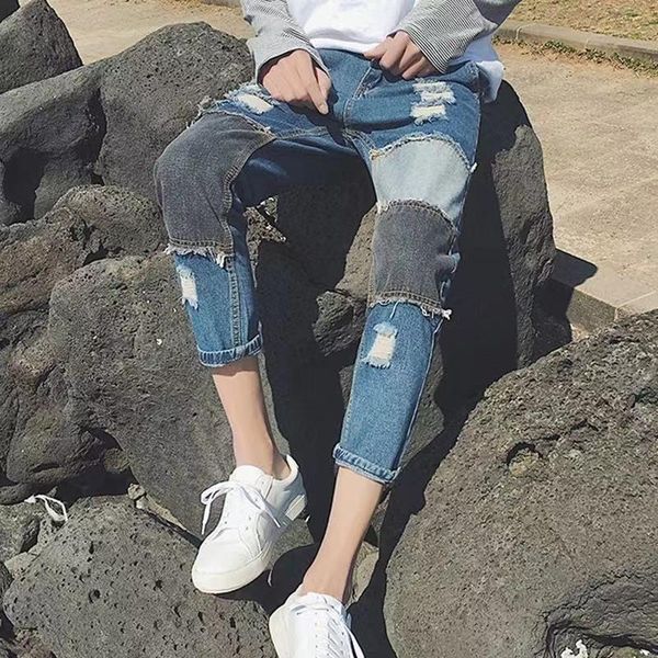 

men's jeans 2021 summer fashion trend blue color holes patch cloth slim fit trendy casual pants nice trousers
