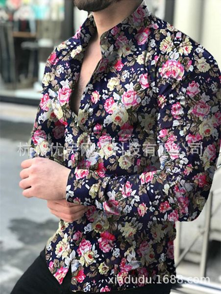 

men's casual shirts 2021 fashion rind fall and winter print long-sleeved flower shirt large size men's cloths hawaiian, White;black