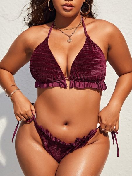 

plus smocked frill trim triangle bikini swimsuit 35lg#, Black
