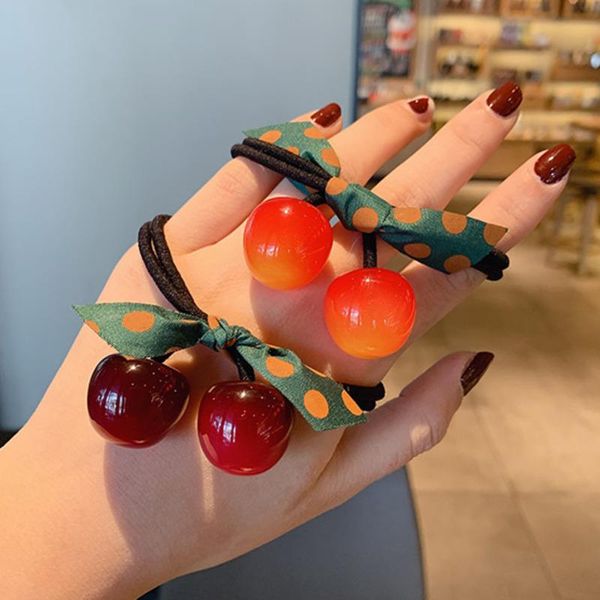 

hair accessories [xwen] girl lovely cherry band elastic rubber bands female dot printed bow headdress fashion, Slivery;white