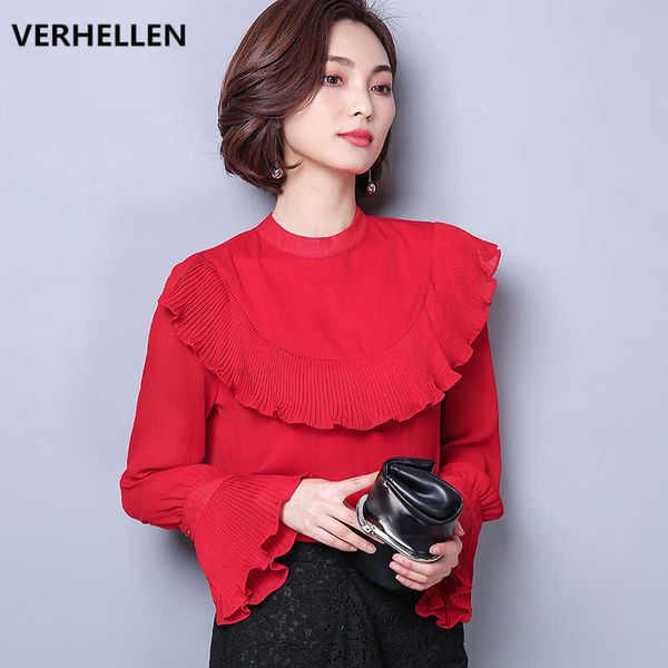 

verhellen designer runway shirts autumn women's flare sleeve o-neck ruffled chiffon slim shirt casual blouse 210706, White