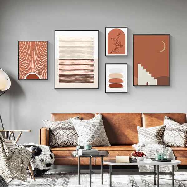 

paintings abstract boho landscape painting sunset and color blocks canvas art wall posters prints mid century living room home decor