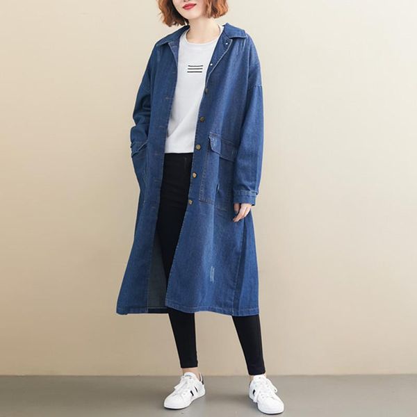 

women's trench coats 2021 spring autumn coat women plus size casual loose vintage washed single-breasted pocket denim windbreaker cardi, Tan;black