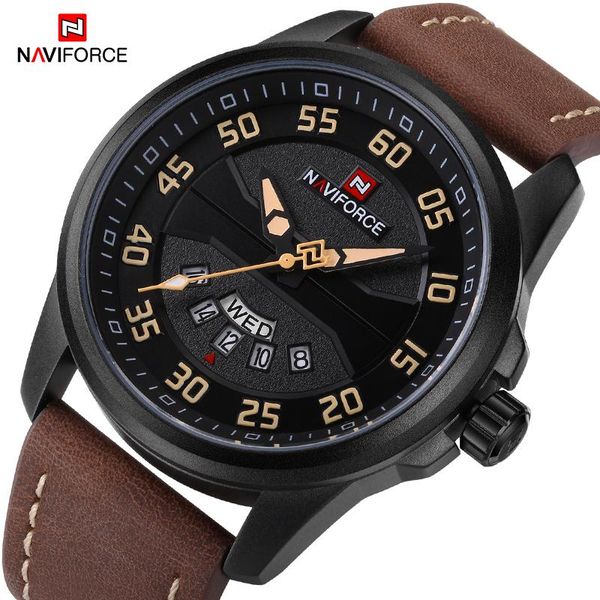 

wristwatches naviforce men watch date week display mens watches military army business genuine leather quartz male clock, Slivery;brown