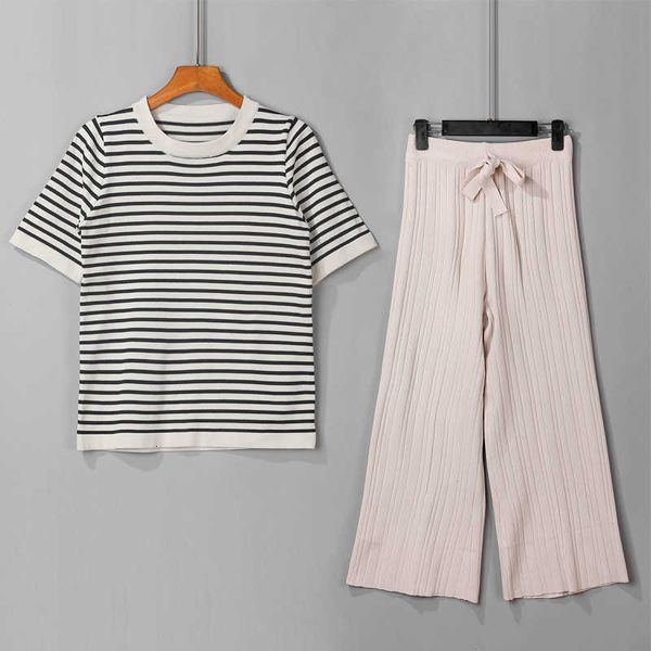 

women's two piece pants o neck striped knitted womens pieces set short sleeve shirt + high waist straight drape tracksui, White