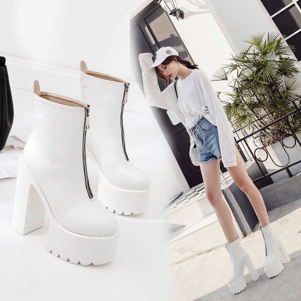 

classic short boots round head waterproof platform anti slip simple thick heel front zipper high women's martins, Black